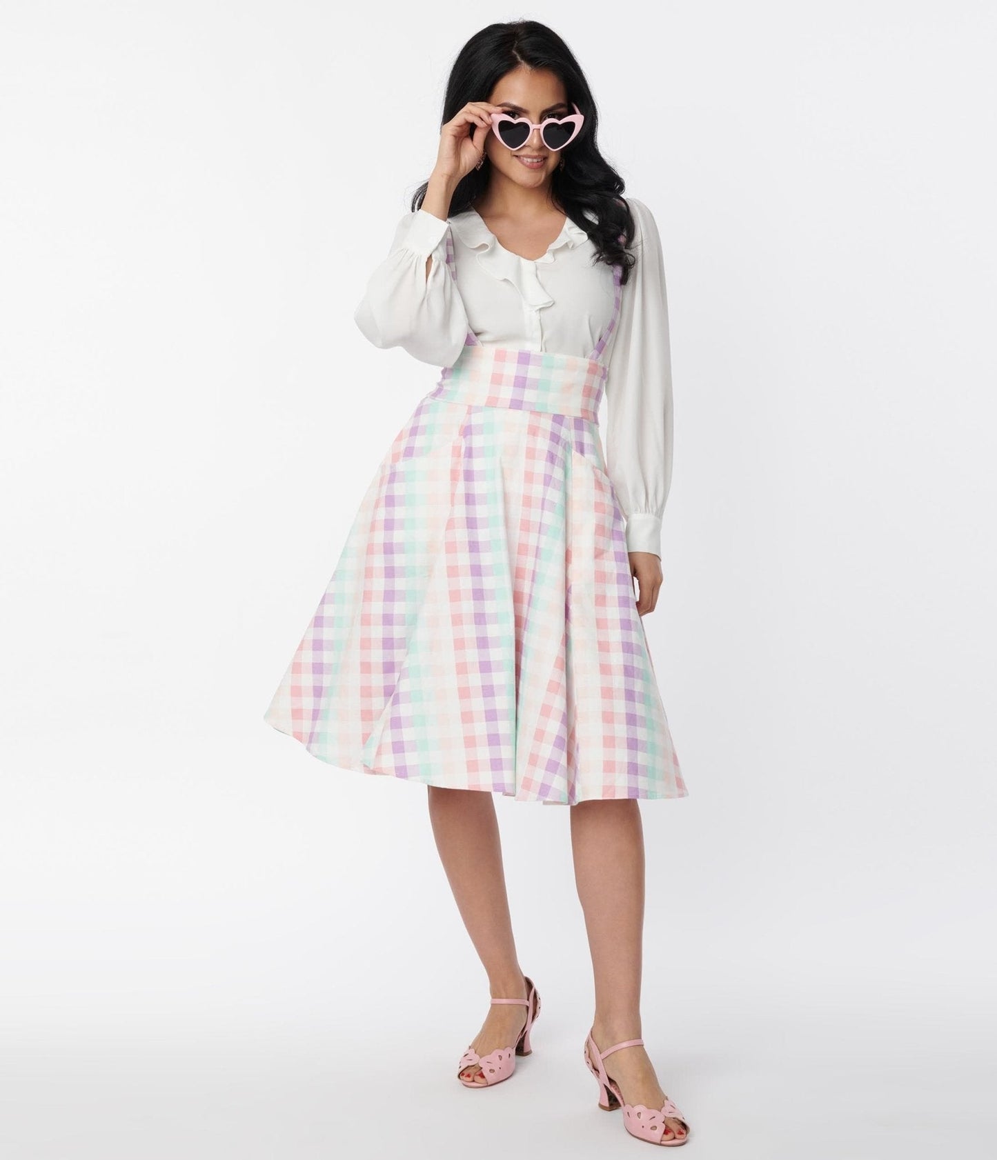 Collectif Pastel Rainbow Gingham Suspender Swing Skirt