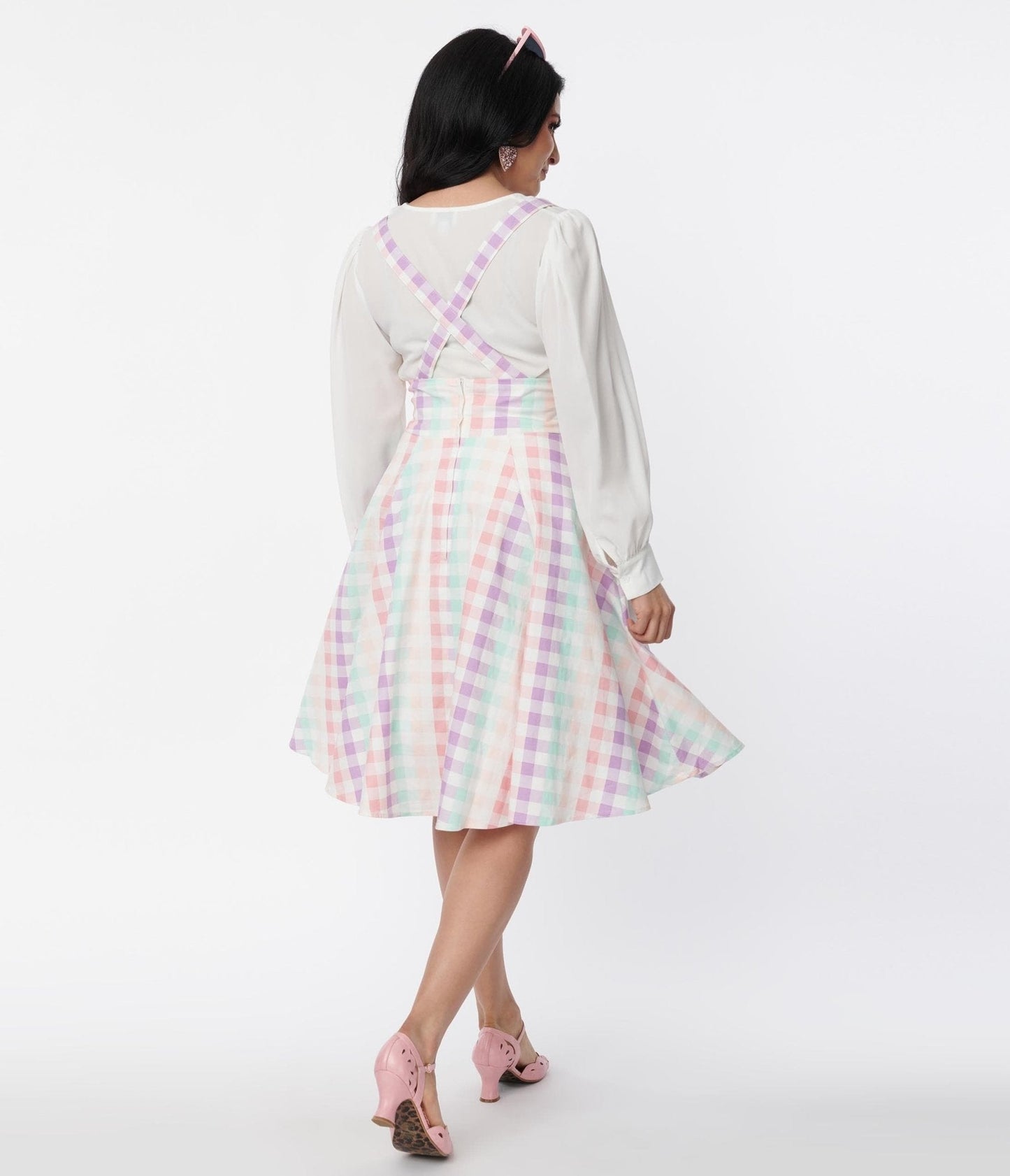 Collectif Pastel Rainbow Gingham Suspender Swing Skirt