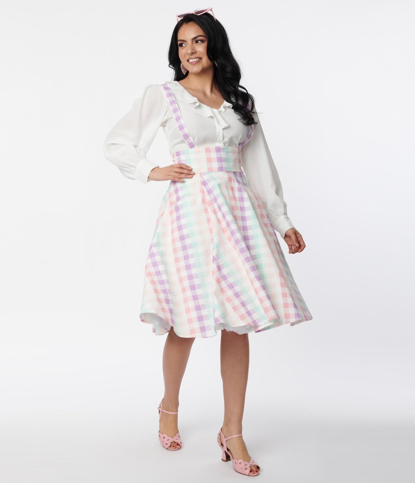 Collectif Pastel Rainbow Gingham Suspender Swing Skirt