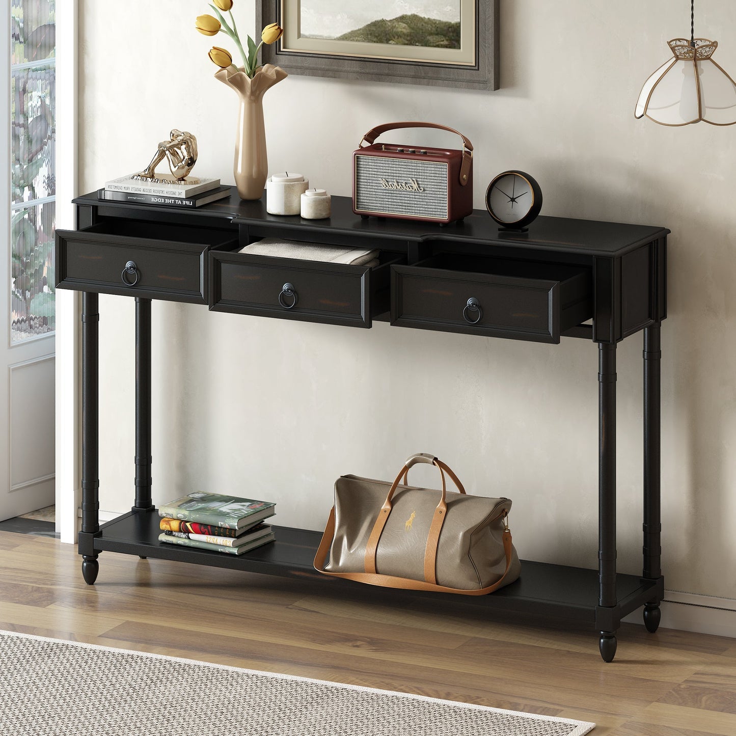 Console Table with Projecting Drawers and Long Shelf