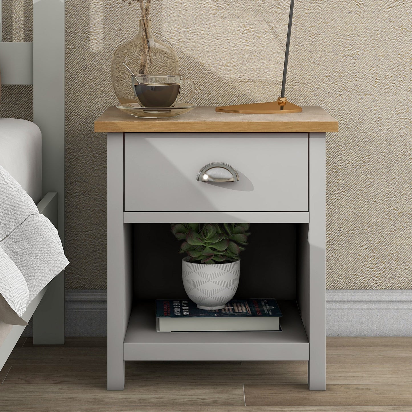 Country Solid 1 Drawer Nightstand Side Table with Oak Top