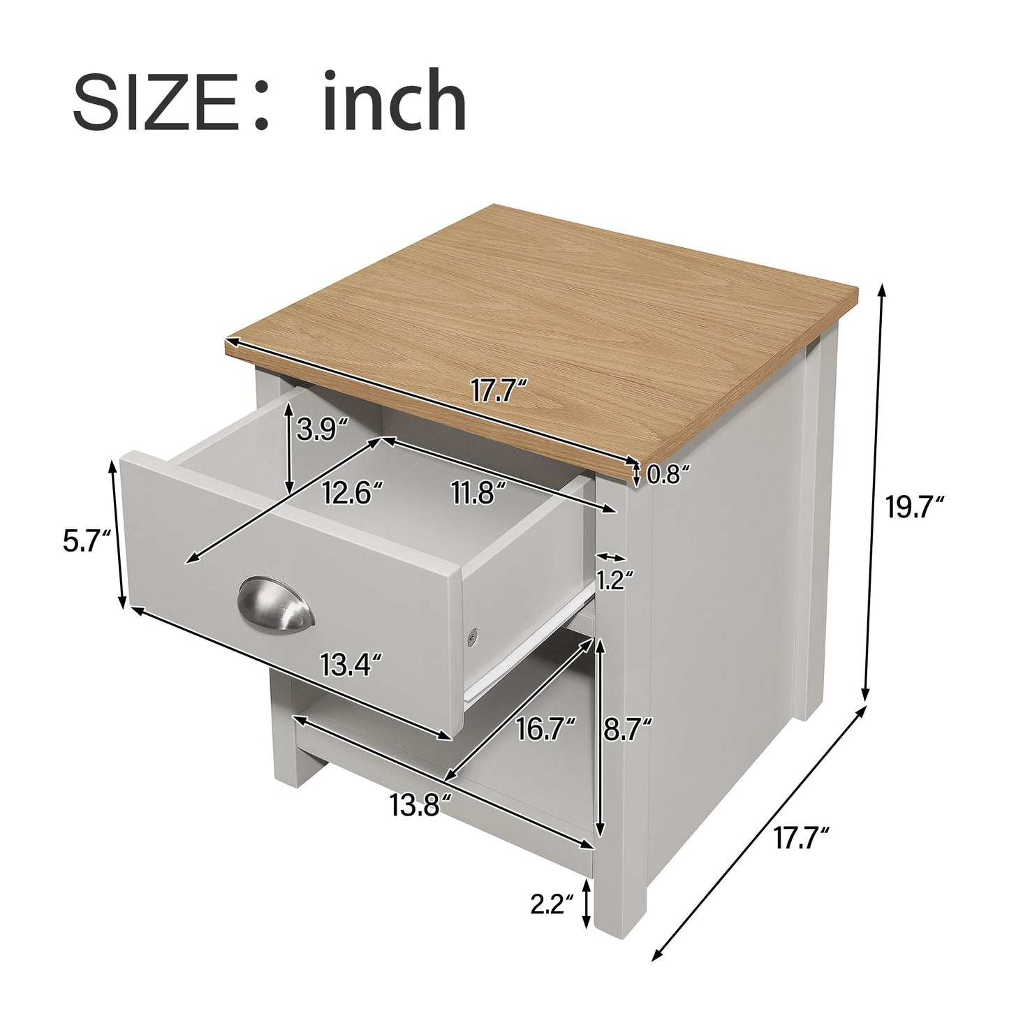 Country Solid 1 Drawer Nightstand Side Table with Oak Top