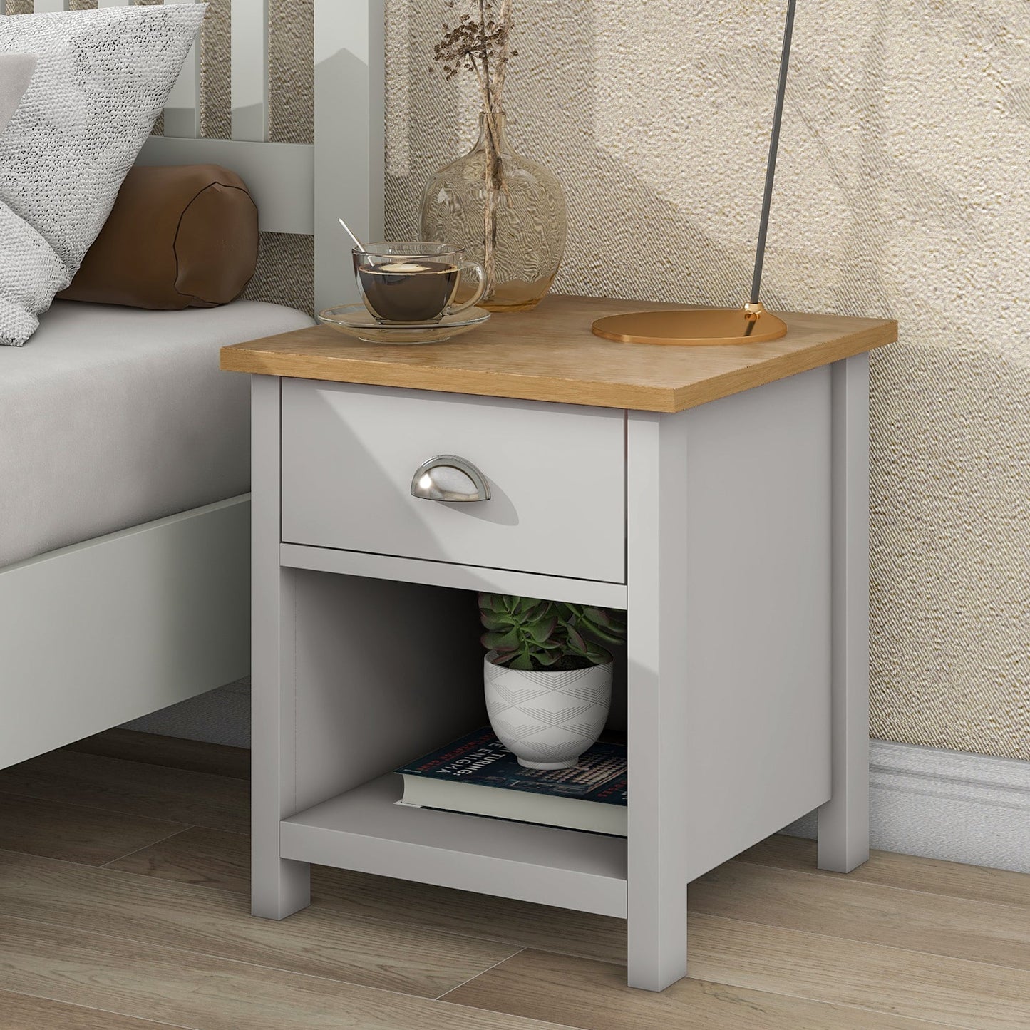 Country Solid 1 Drawer Nightstand Side Table with Oak Top
