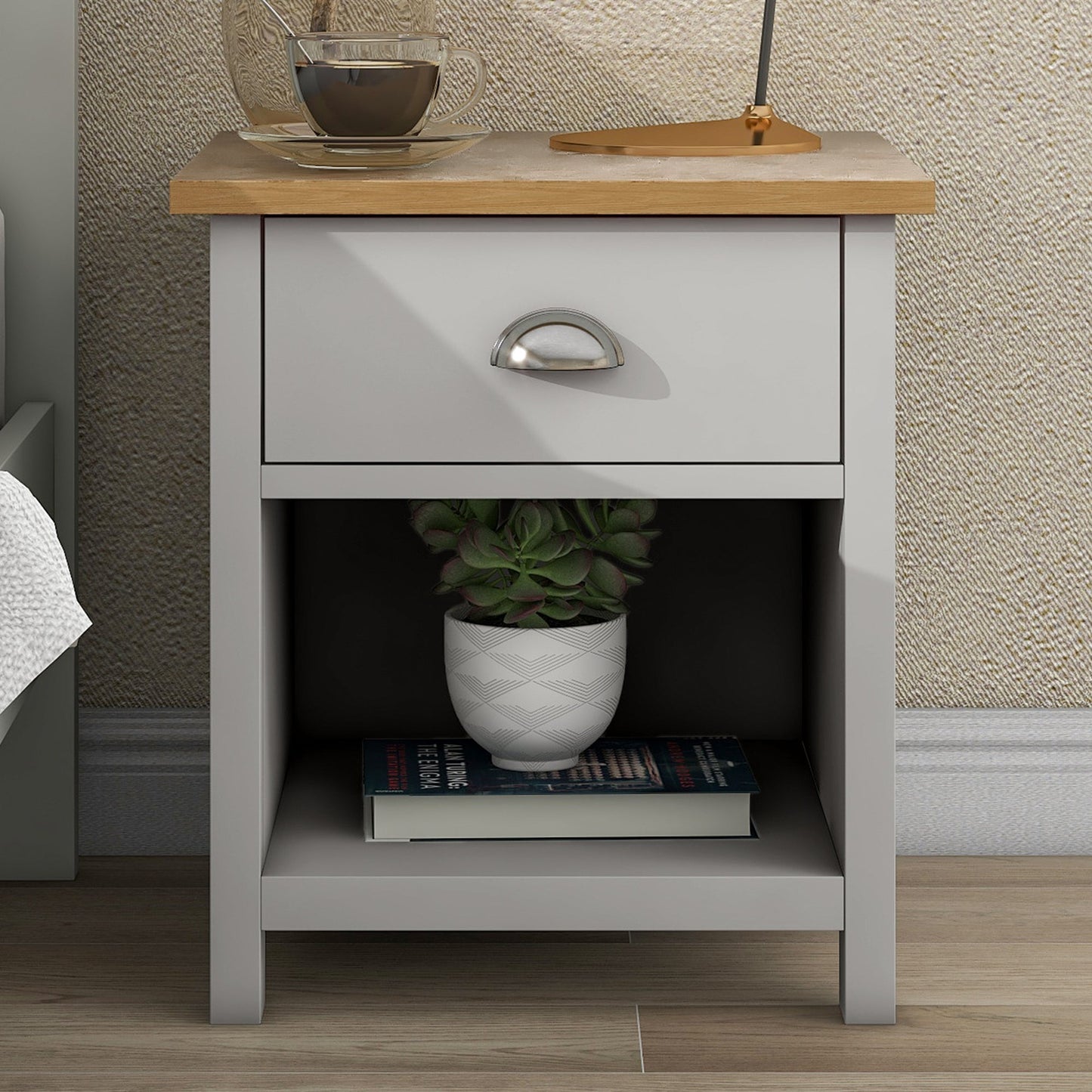 Country Solid 1 Drawer Nightstand Side Table with Oak Top