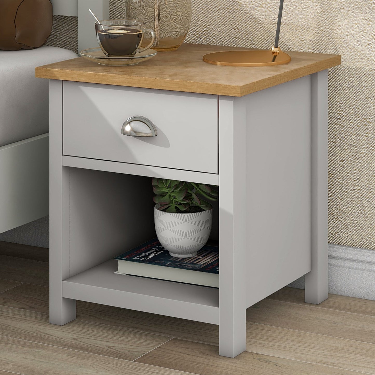 Country Solid 1 Drawer Nightstand Side Table with Oak Top