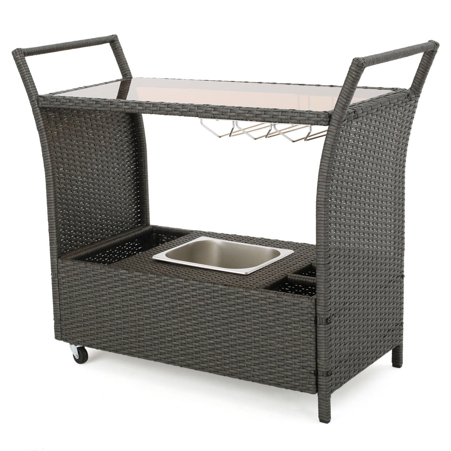 Cover Bar Cart with Glass Top and Ice Bucket Bin
