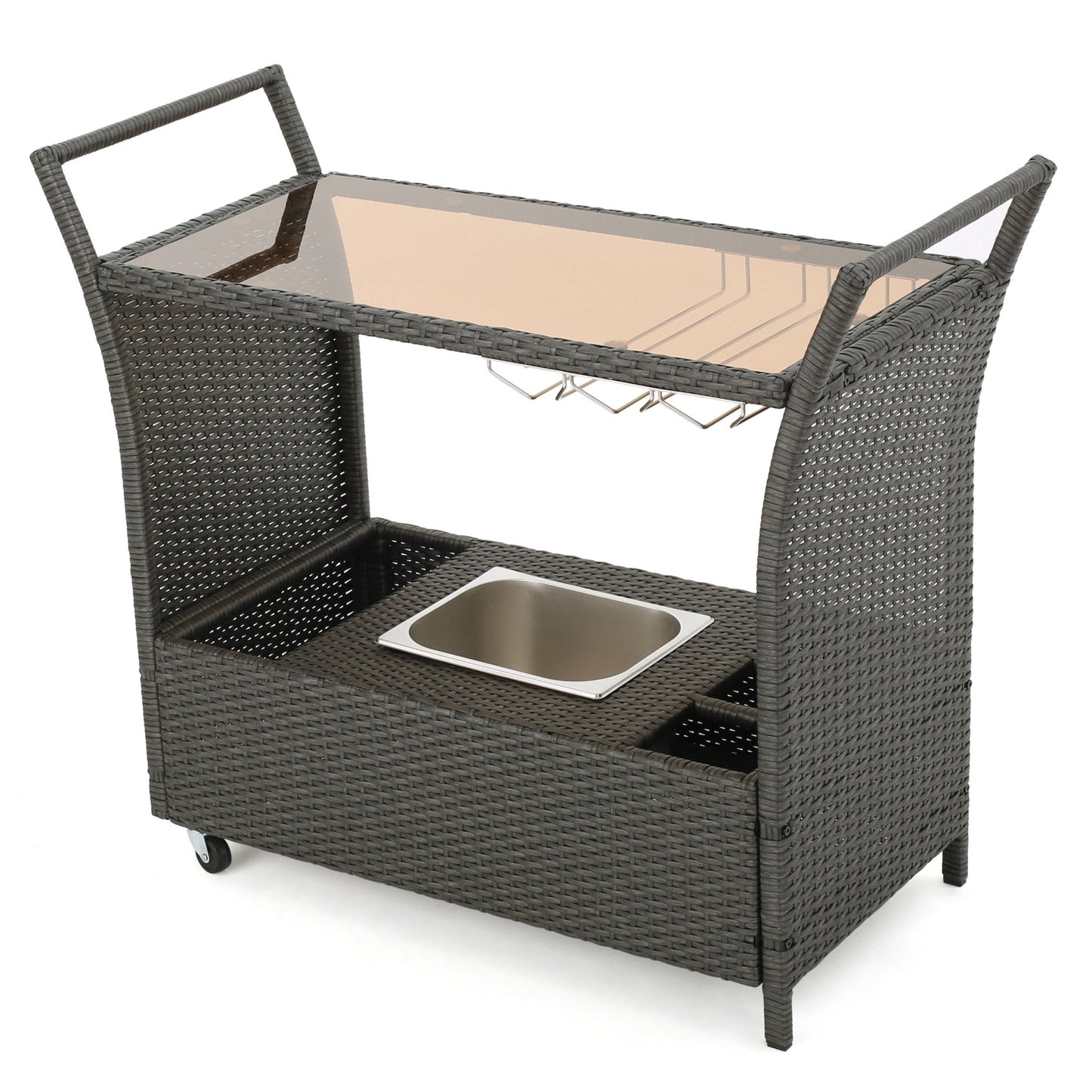 Cover Bar Cart with Glass Top and Ice Bucket Bin