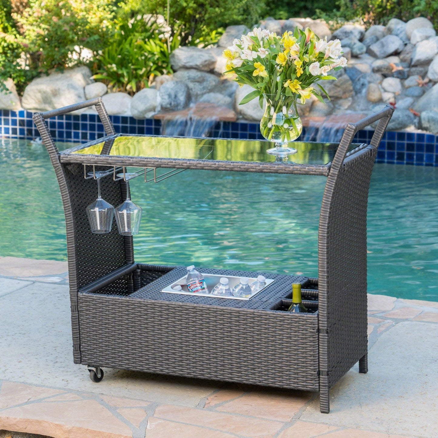 Cover Bar Cart with Glass Top and Ice Bucket Bin