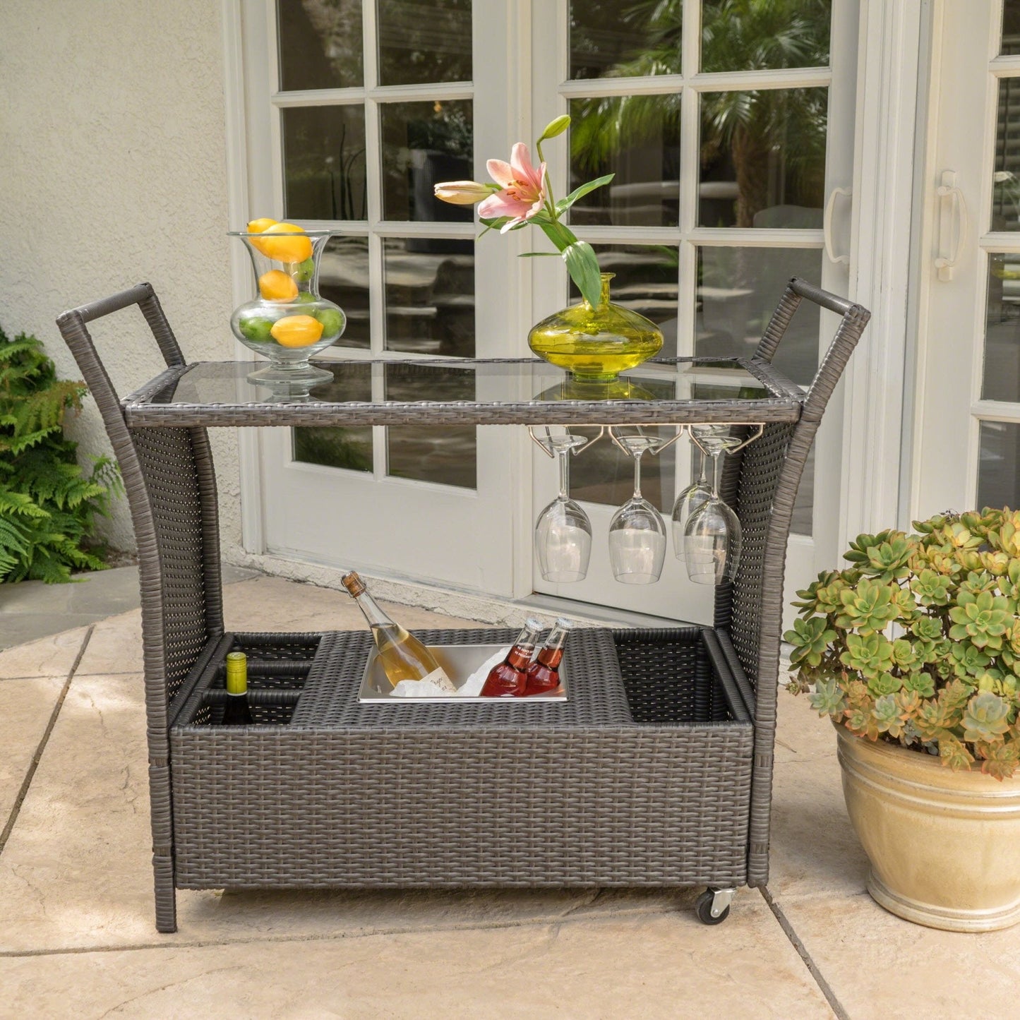Cover Bar Cart with Glass Top and Ice Bucket Bin