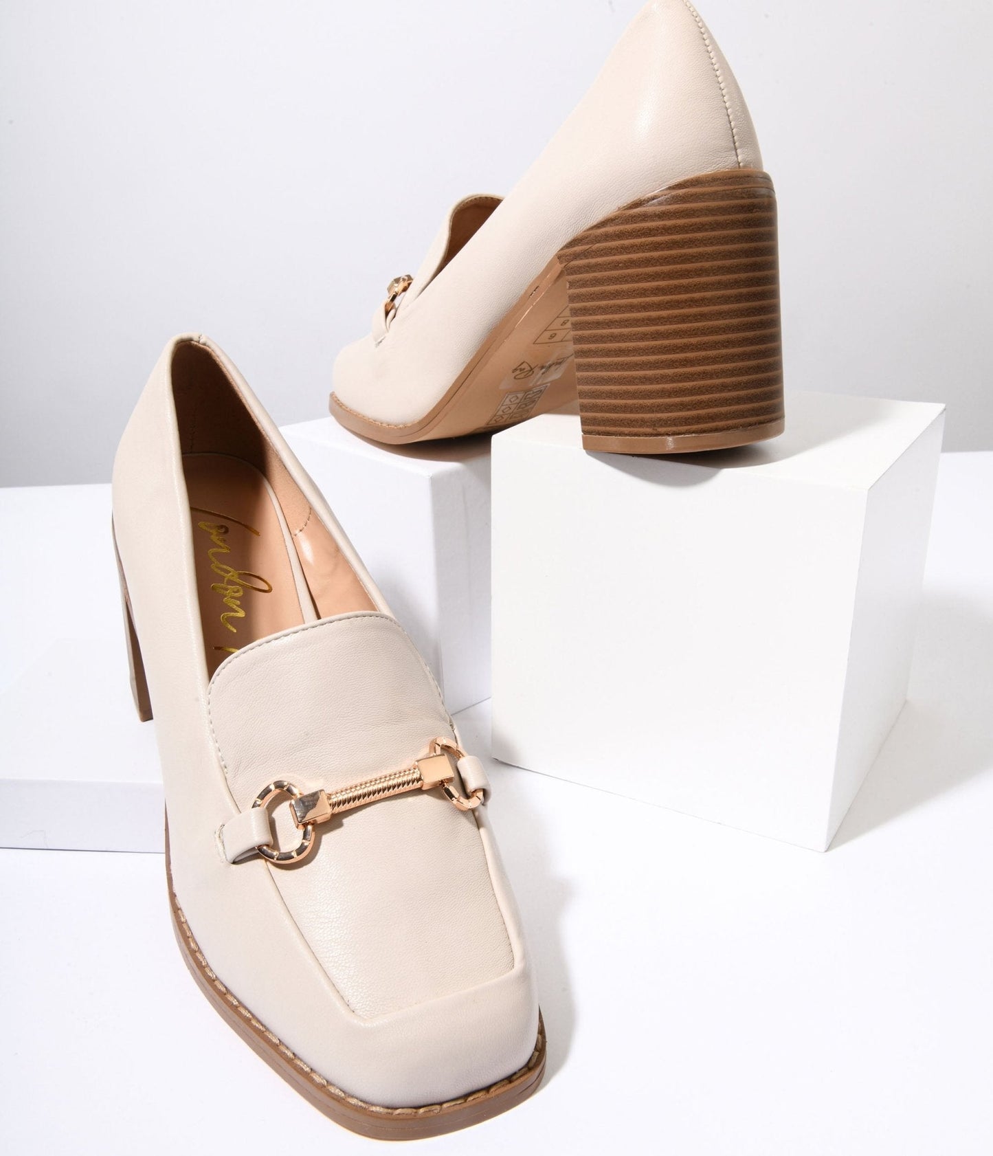 Cream Leatherette Block Heel Loafers
