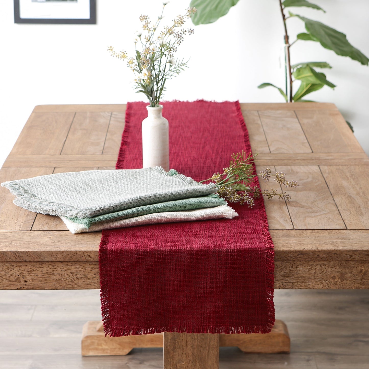 Cream Sugar Basket Fringe 14"X72" Table Runner
