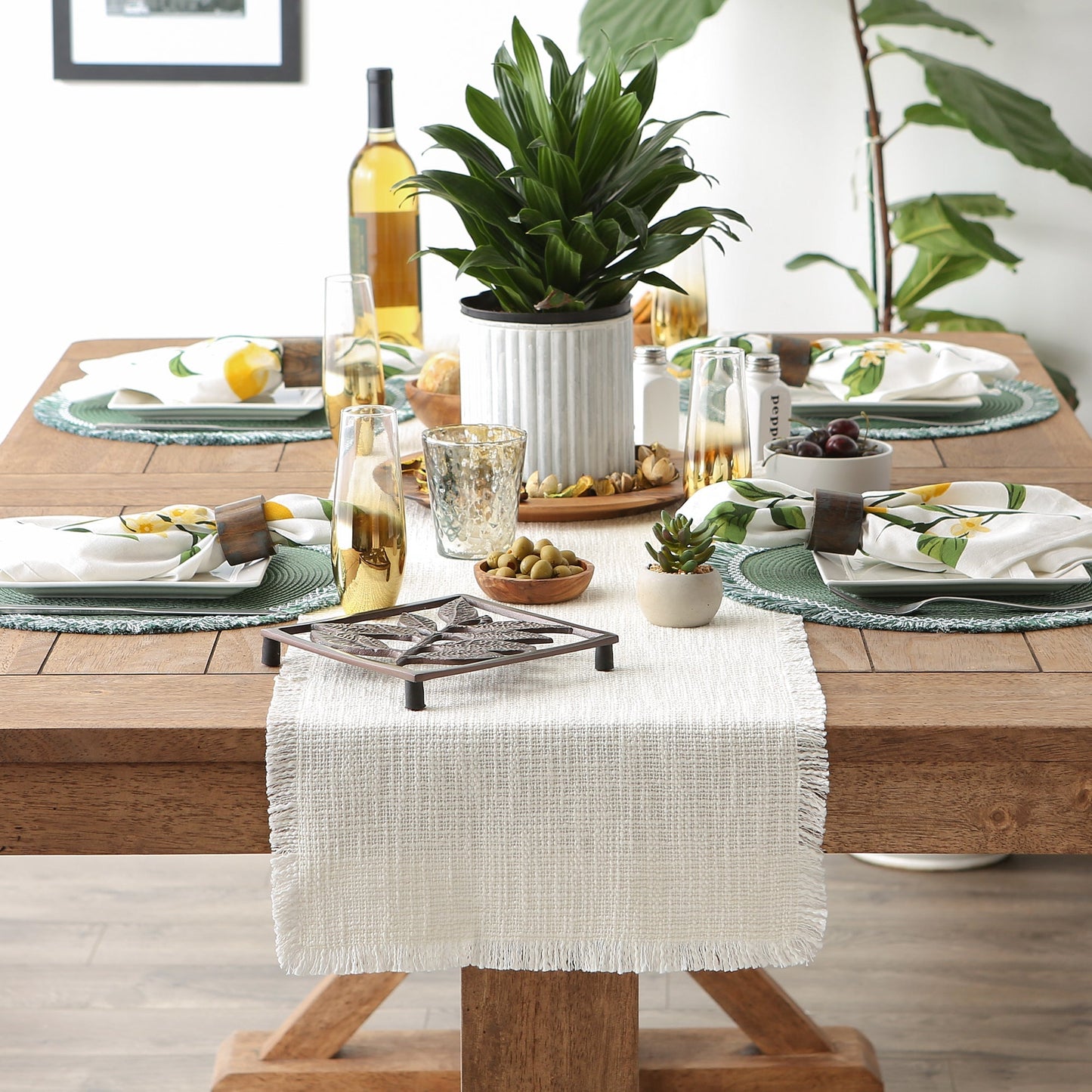 Cream Sugar Basket Fringe 14"X72" Table Runner