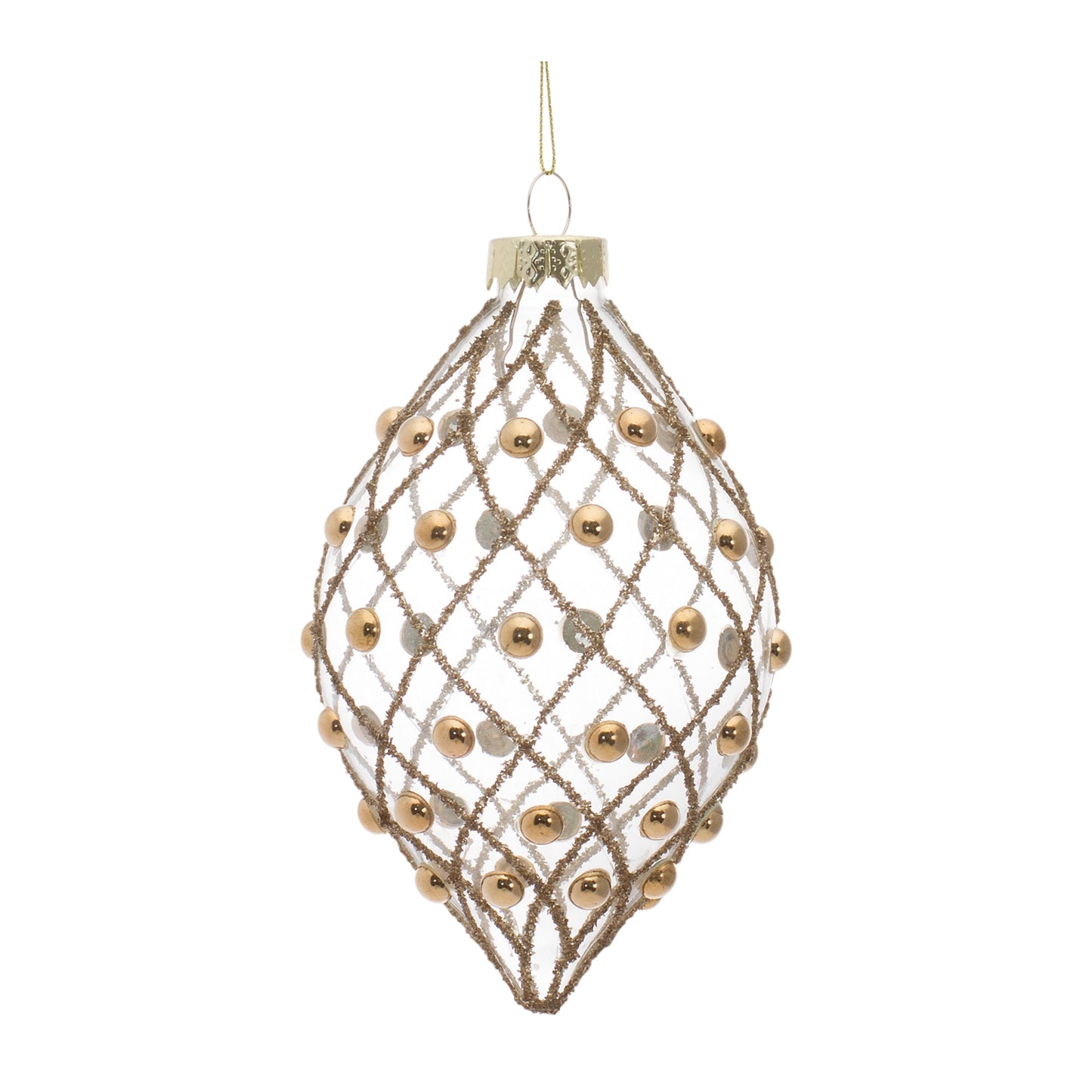 Gold Beaded Clear Glass Tree Ornament, Set of 6