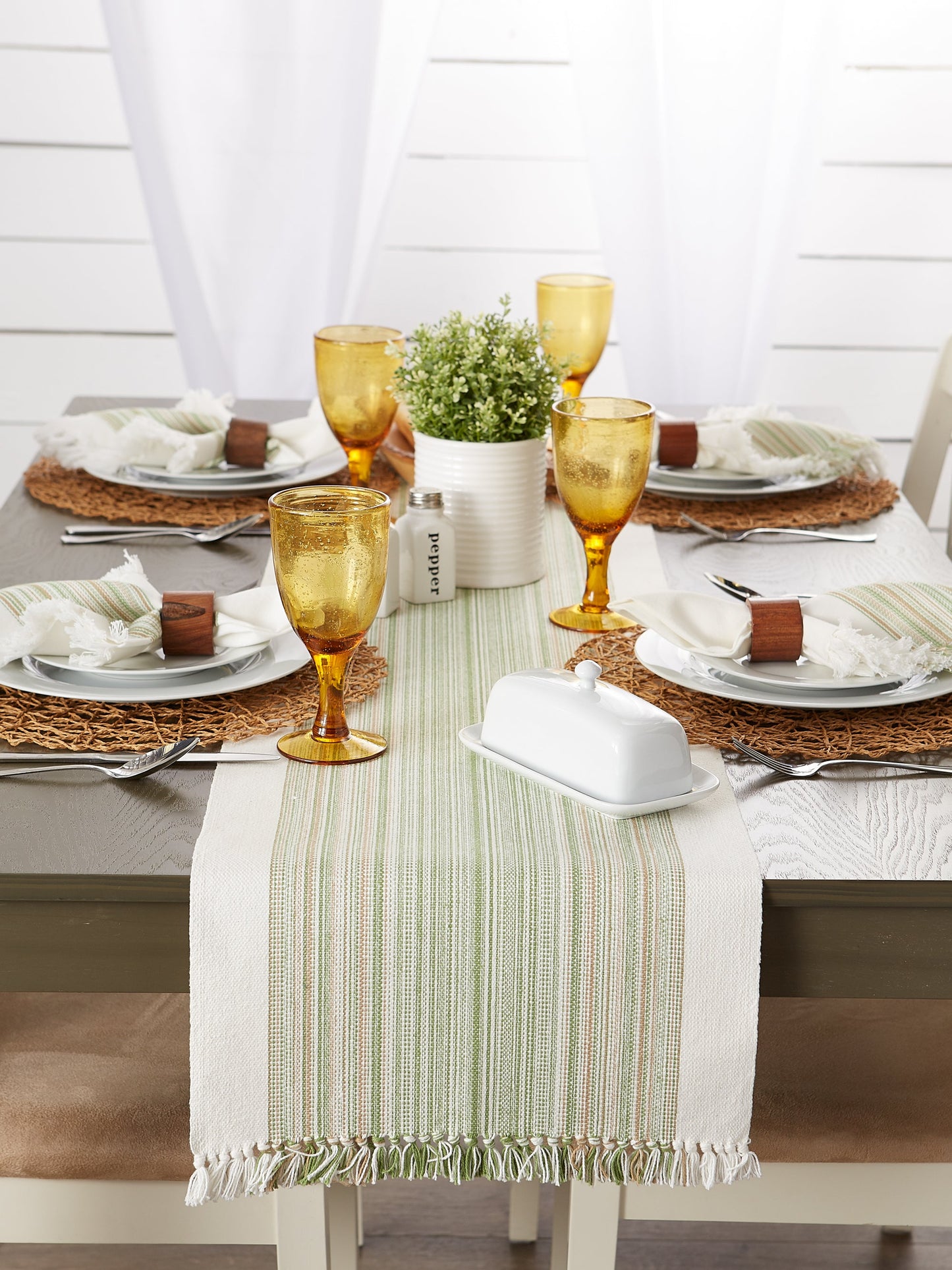Thyme Striped Fringe Ribbed Table Runner 14X108