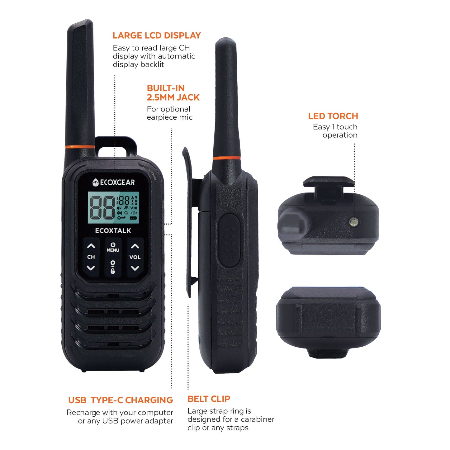 EcoxGear EXG100-2PK 1W UHF CB Handheld Radio (2-Pack)