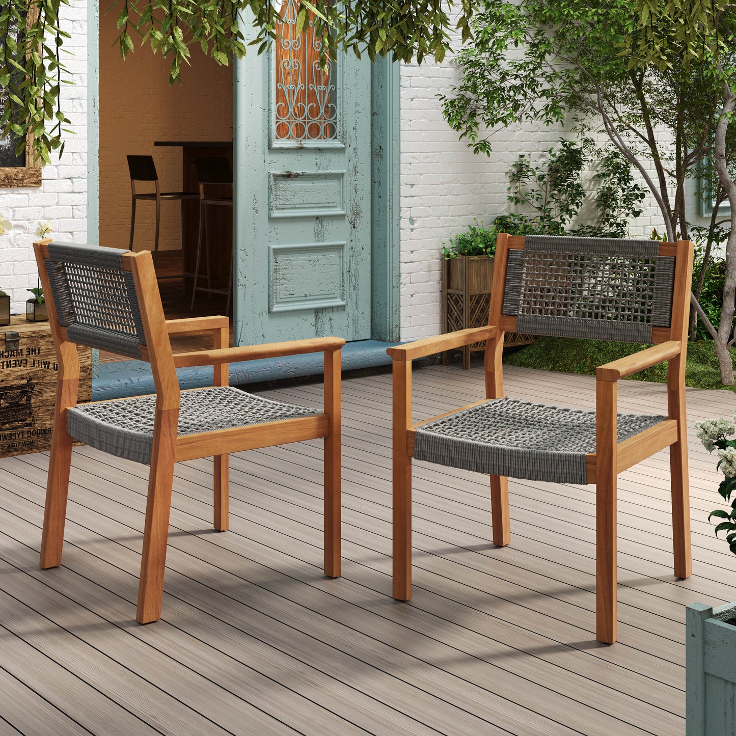 Belladom Wood and Rope Dining Chair with Open Back, Set of 2