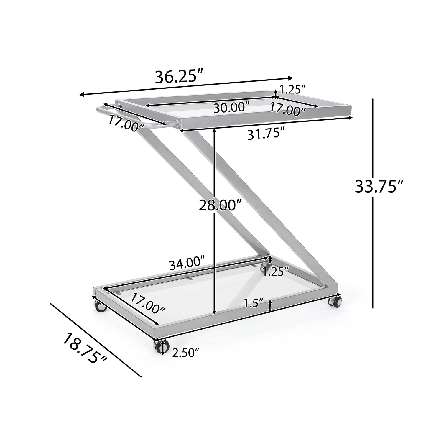 Z-Shape Bar Cart with 2 Glass Shelves and Rolling Casters