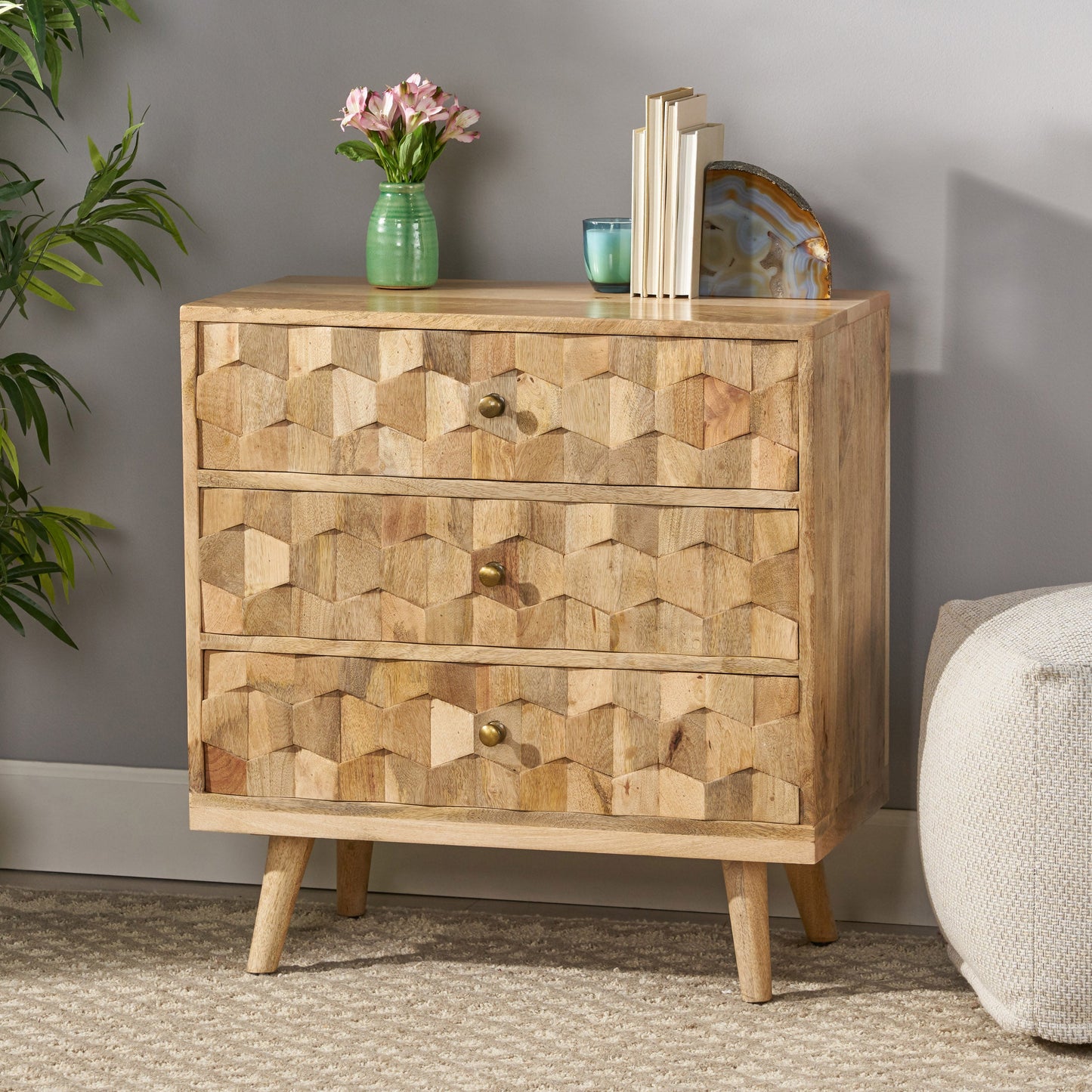 Mango Wood 3-Drawer Chest with 3D Tile Weave Design