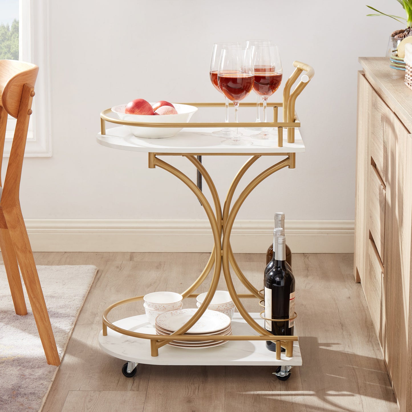 2-Tier Bar Cart with Curved Handles, Wheels and Wine Rack
