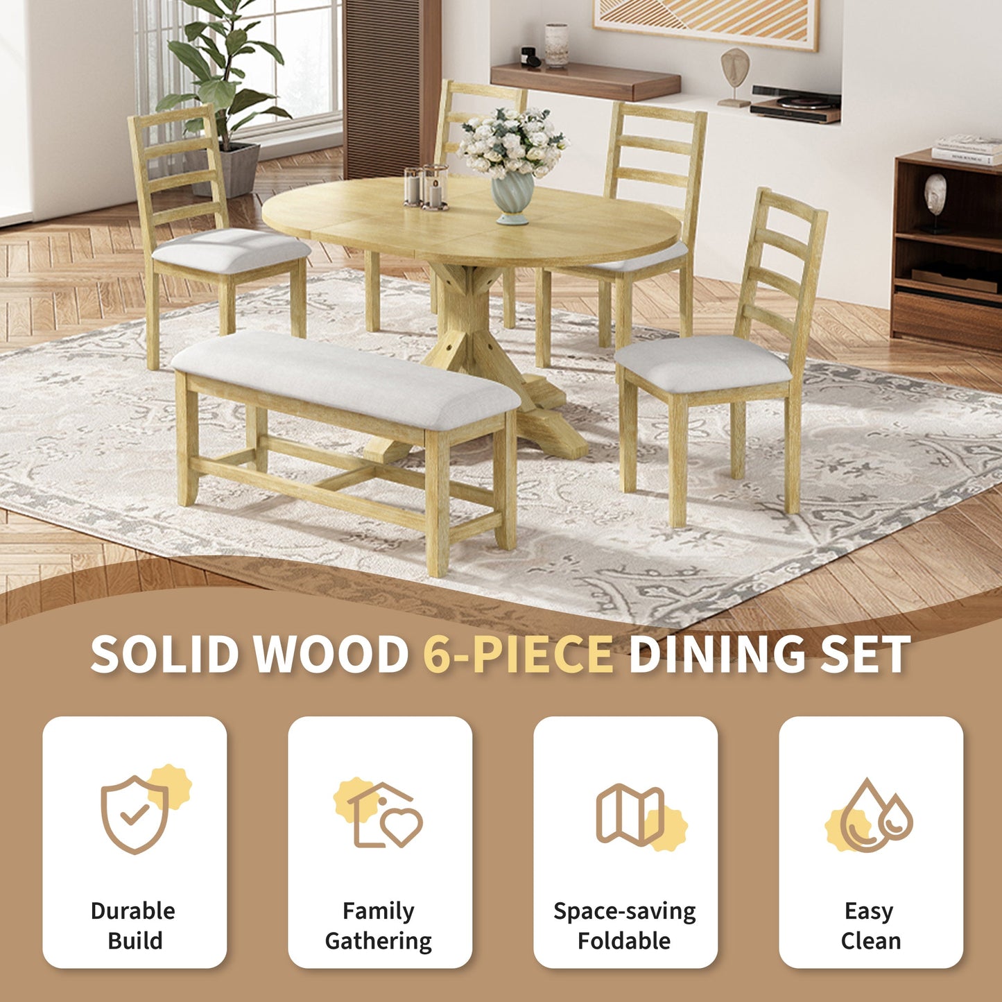 Kivor 6-Piece Dining Set with Extendable Table, Bench and 4 Ladder-Back Chairs