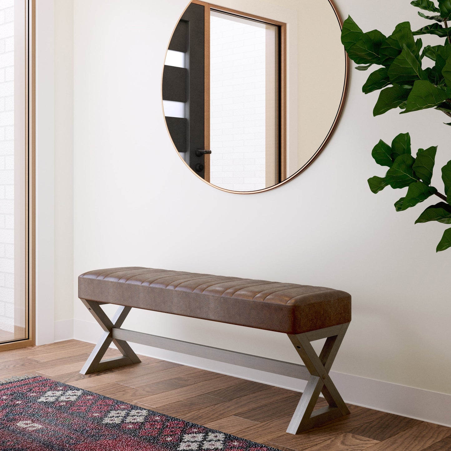 Bloom Upholstered Ottoman Bench with Vertical Stitching and X Design Trestle Base
