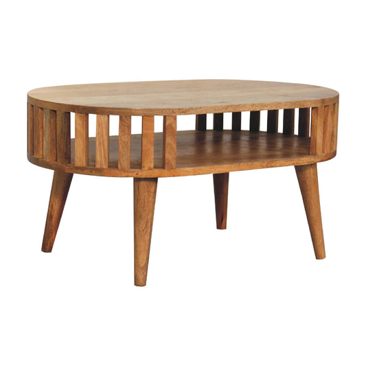 Alliance Oval Coffee Table with Open Shelf and Vertical Slats Side
