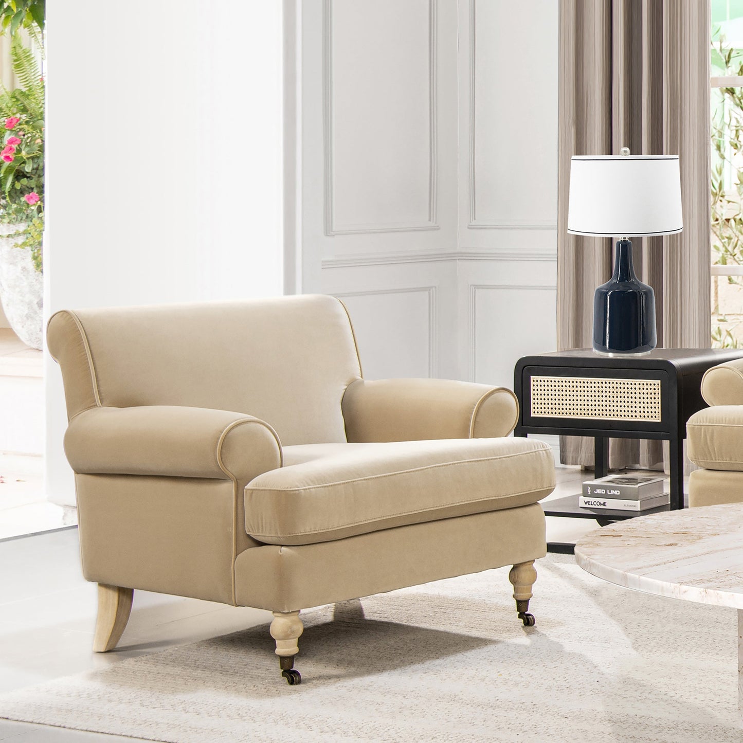 Cobaltex Upholstered Arm Chair with Metal Casters and Rolled Arms