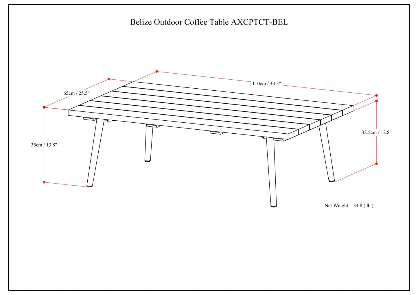 Outdoor Coffee Table with Slatted Top and Aluminum Legs