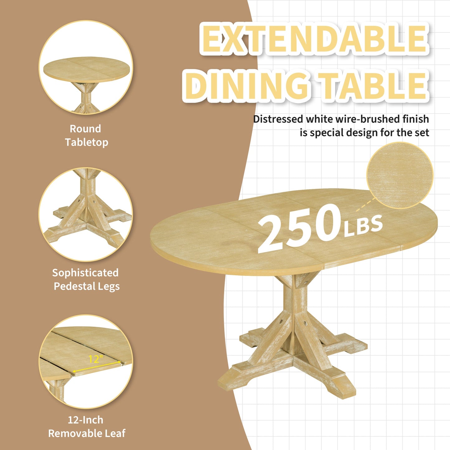 Kivor 6-Piece Dining Set with Extendable Table, Bench and 4 Ladder-Back Chairs