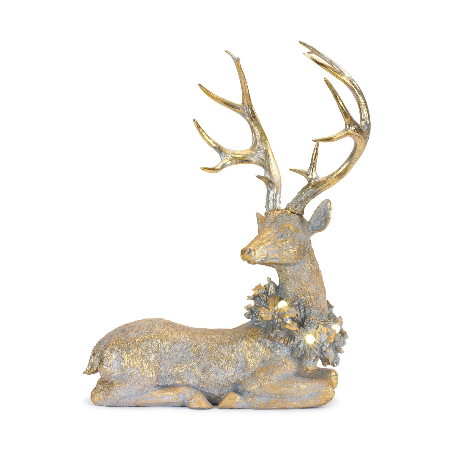 Holiday Deer Figurine with Lighted Wreath and Gold Finish, Set of 2