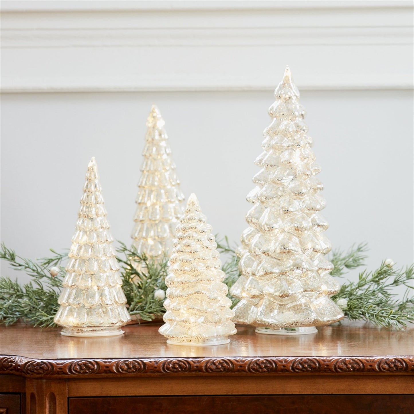LED Lighted Mercury Glass Holiday Tree Decor, Set of 4