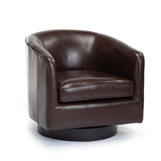 Leather Swivel Chair with Sloped Arms and Barrel Design