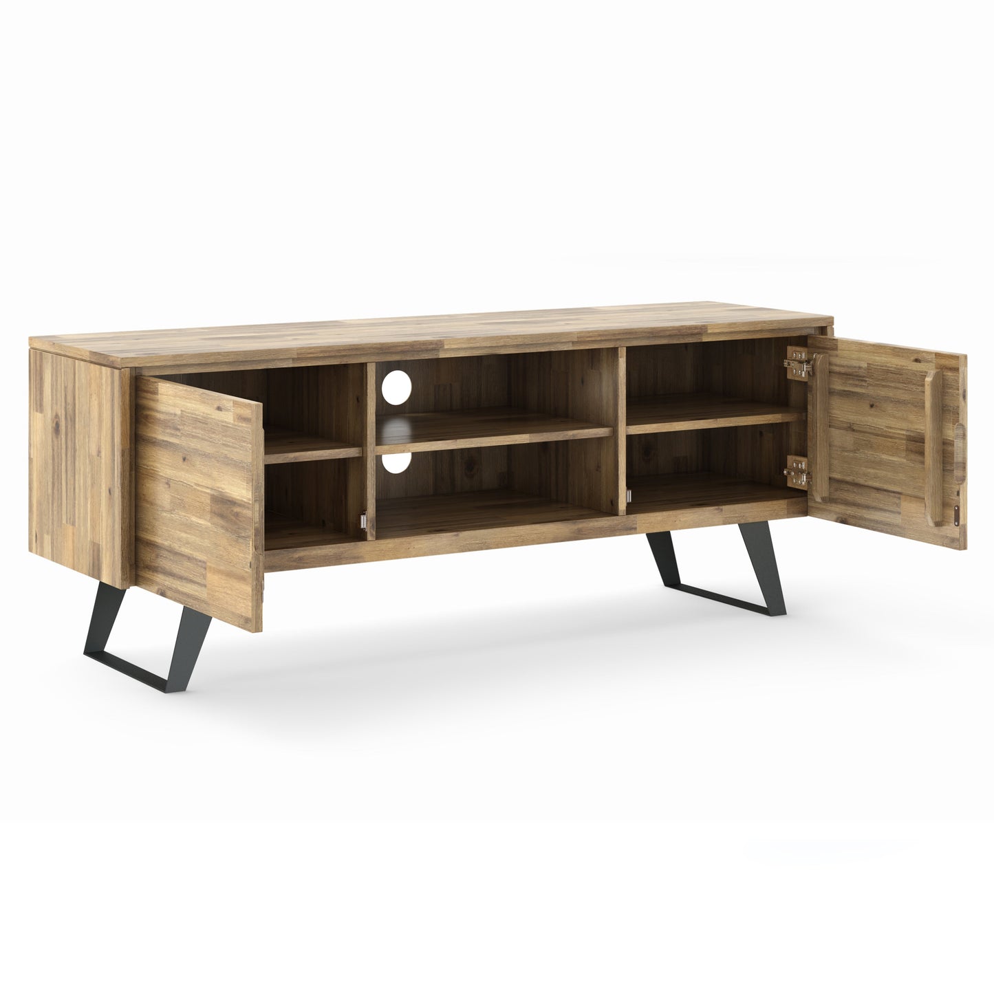 Pioneer TV Stand for TVs Up To 70 Inches with 2 Side Doors, Open Central Shelves and Metal Angled Legs