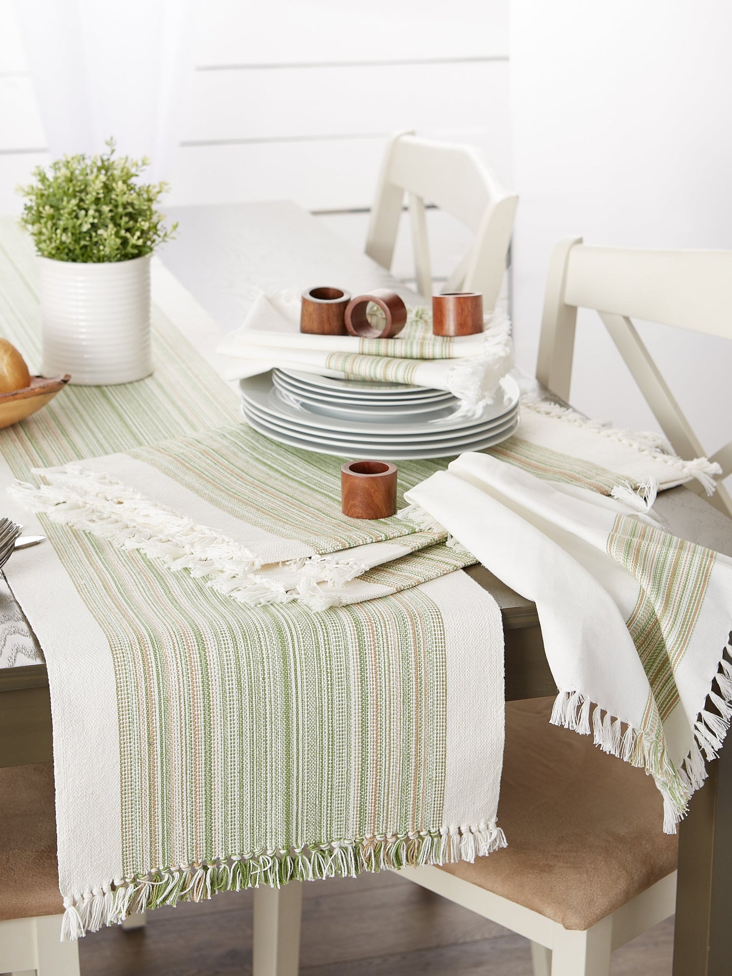 Thyme Striped Fringe Ribbed Table Runner 14X108