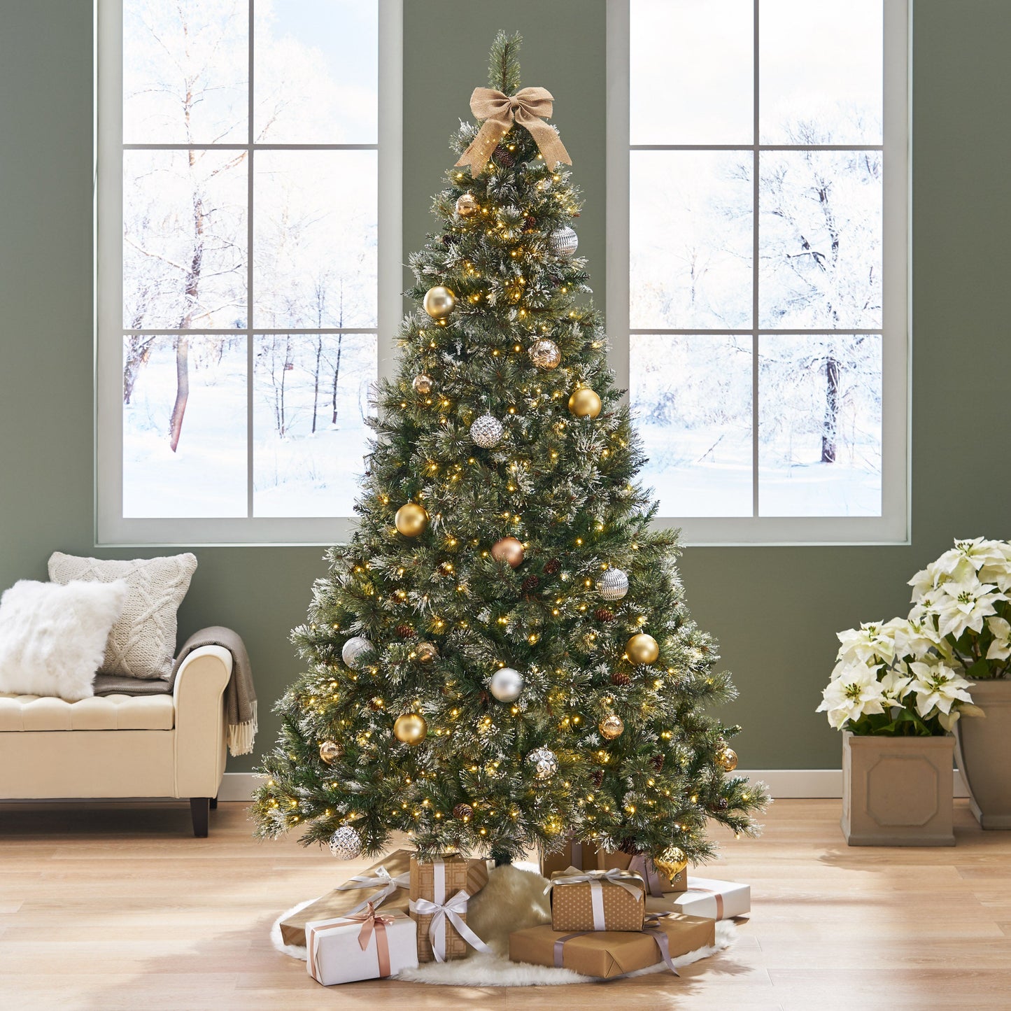 Lyzor 7 ft Brilste Mixed Hinged Christmas Tree with Snow, Glitter, 78 Frosted Pine Cones, 650 LED Lights