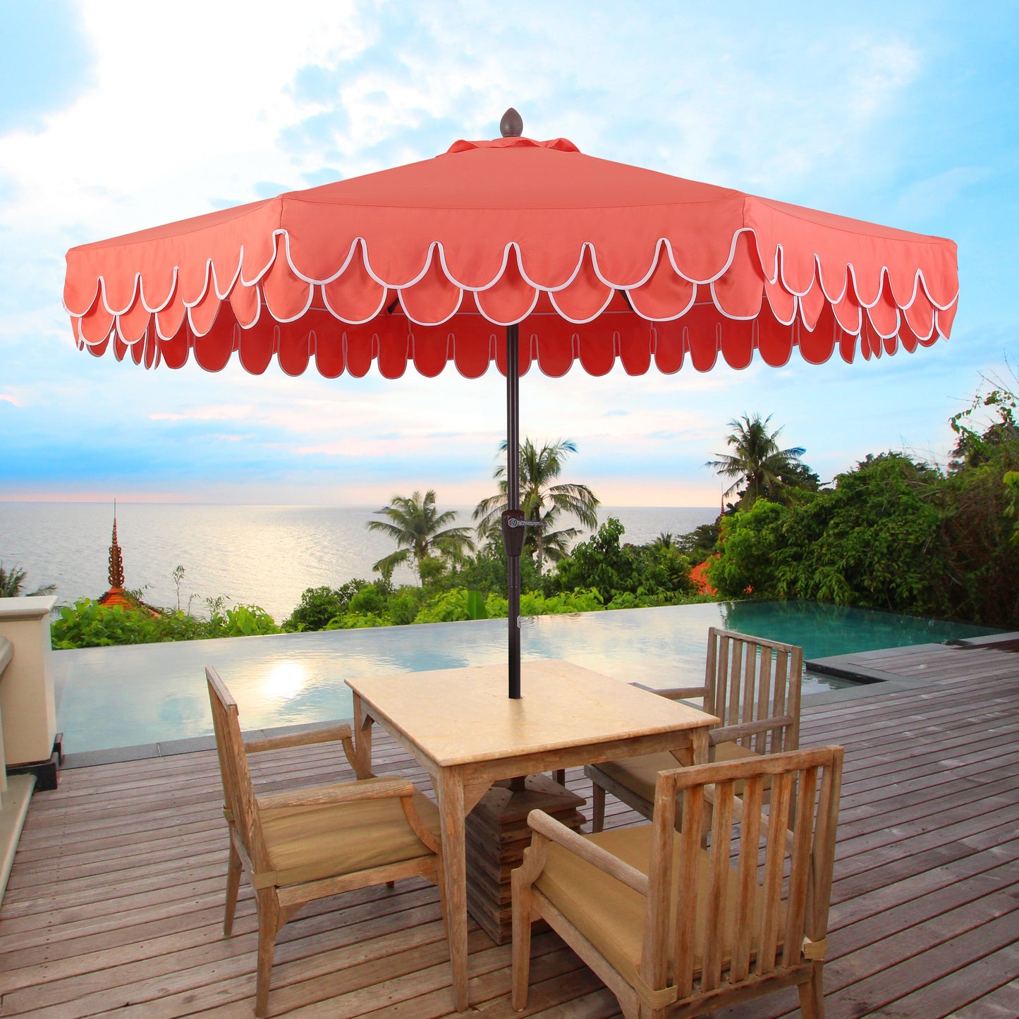 Tracy Classic MidCentury Scalloped Fringe Market Patio Umbrella with Auto-Tilt