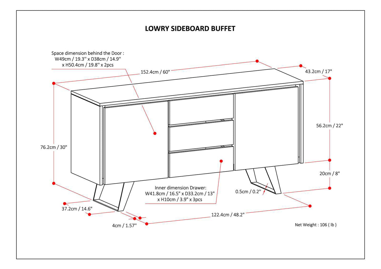 Peak 2-Door Buffet Cabinet with 3 Drawers and Metal Angled Legs