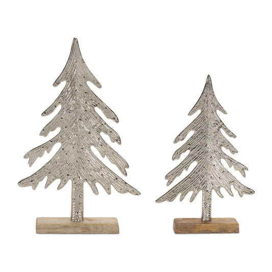 Metal Pine Tree on Natural Mango Wood Base, Set of 3