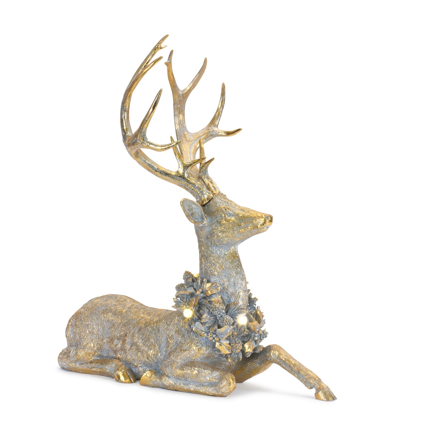 Holiday Deer Figurine with Lighted Wreath and Gold Finish, Set of 2