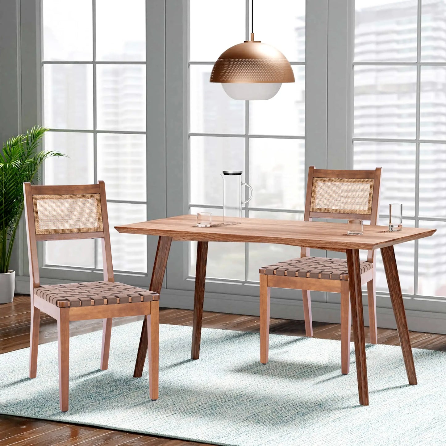 Dining Chair with Rattan Back and Wood Legs, Set of 2