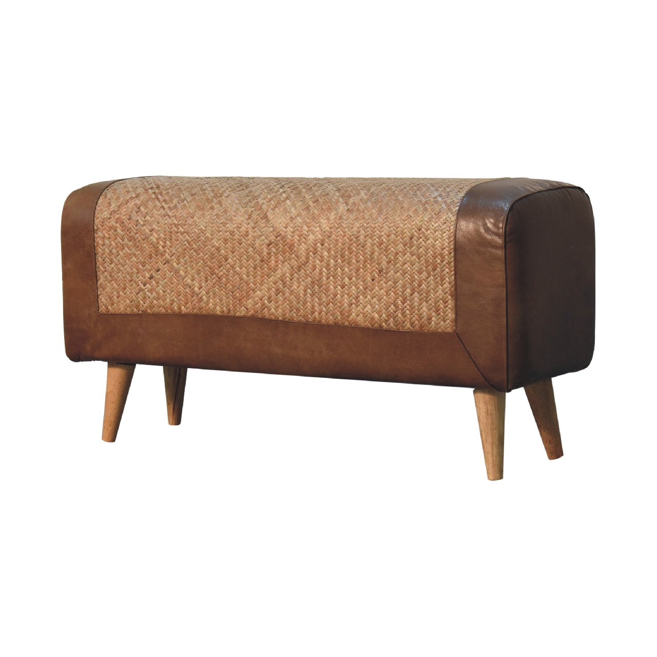 Large Upholstered Bench with Seagrass Base and Wood Legs
