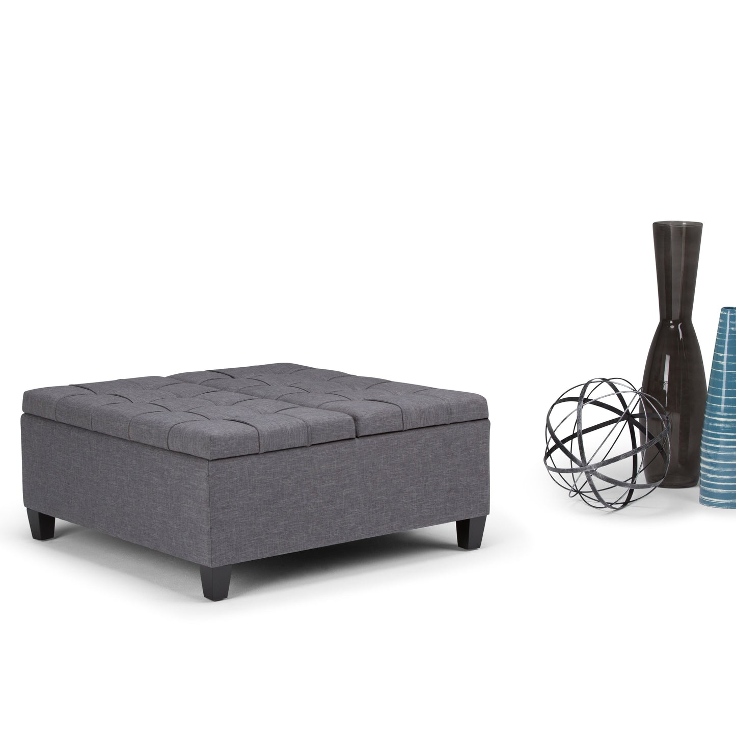 Flame Upholstered Lift Top Square Ottoman with Stitched Tufting