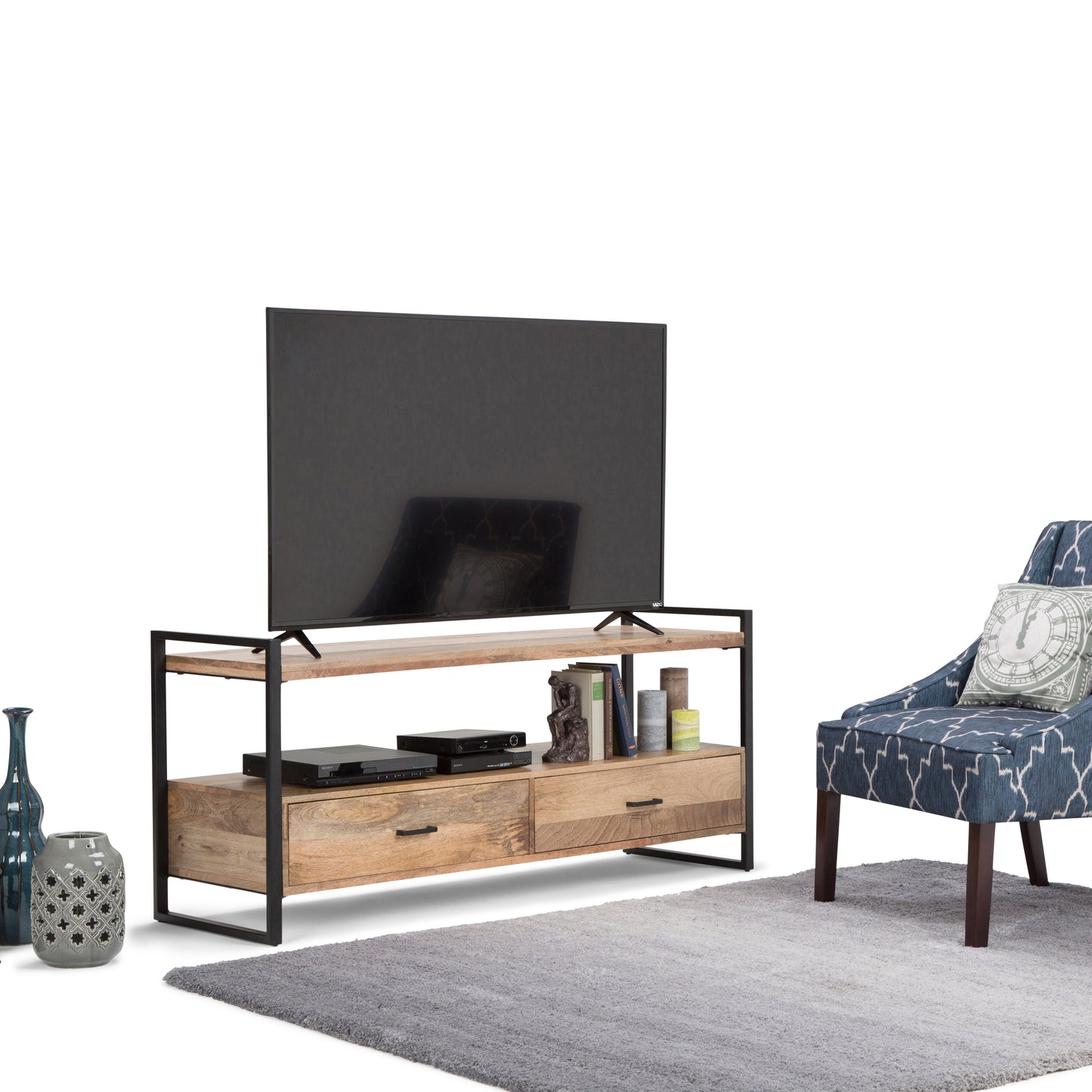 TV Stand for TVs Up To 65 Inches with Open Shelf, 2 Drawers and Metal Frame