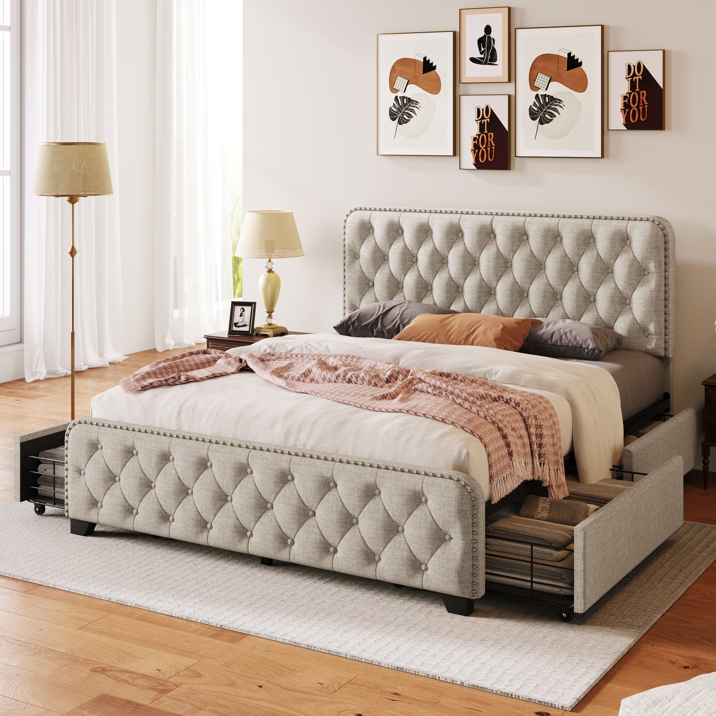 Day Upholstered Platform Bed with Tufted and Four Drawers