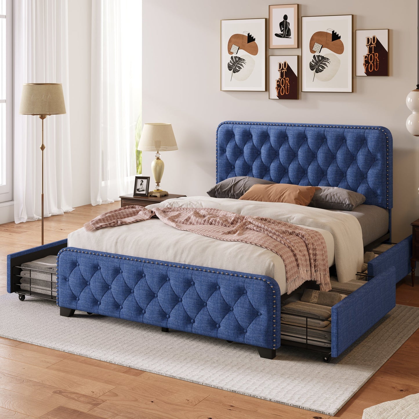 Day Upholstered Platform Bed with Tufted and Four Drawers