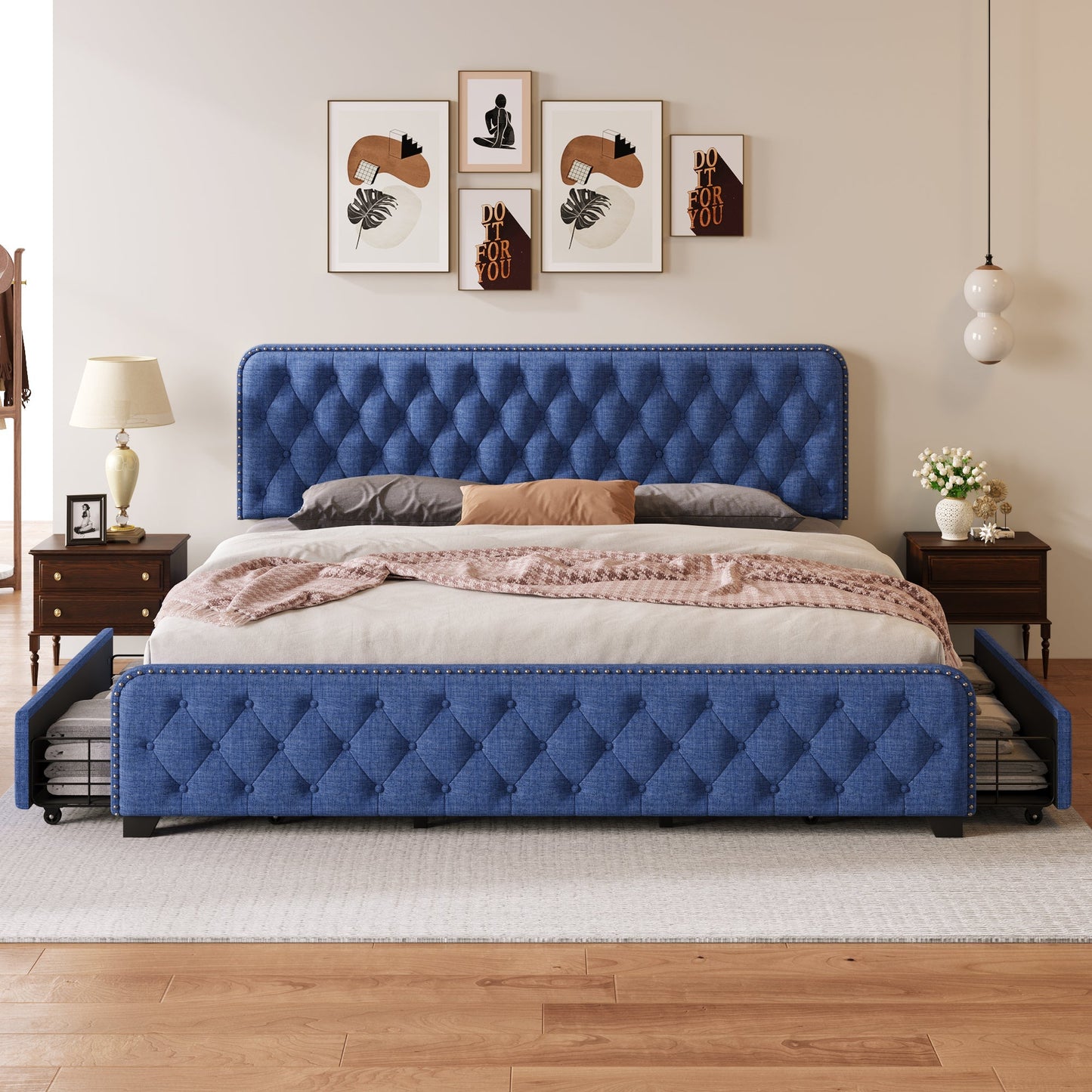 Day Upholstered Platform Bed with Tufted and Four Drawers