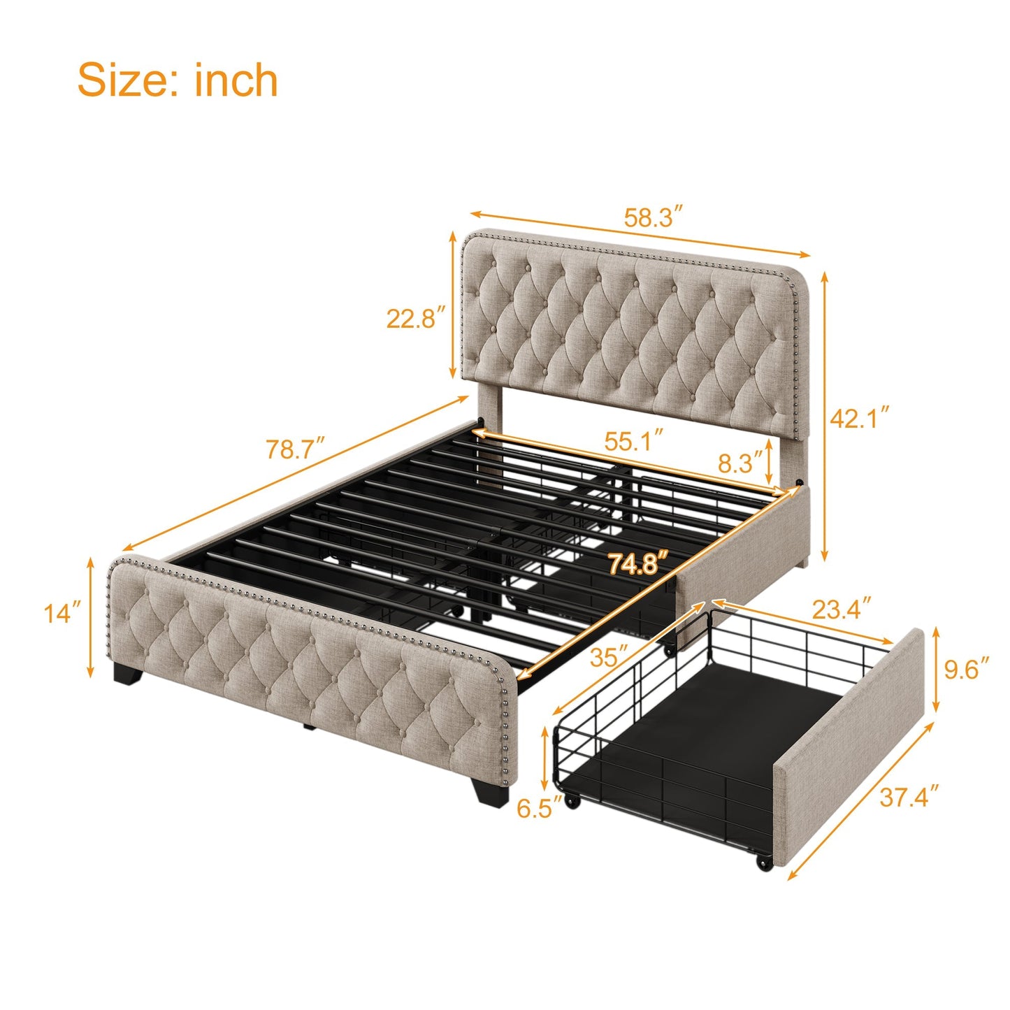 Day Upholstered Platform Bed with Tufted and Four Drawers