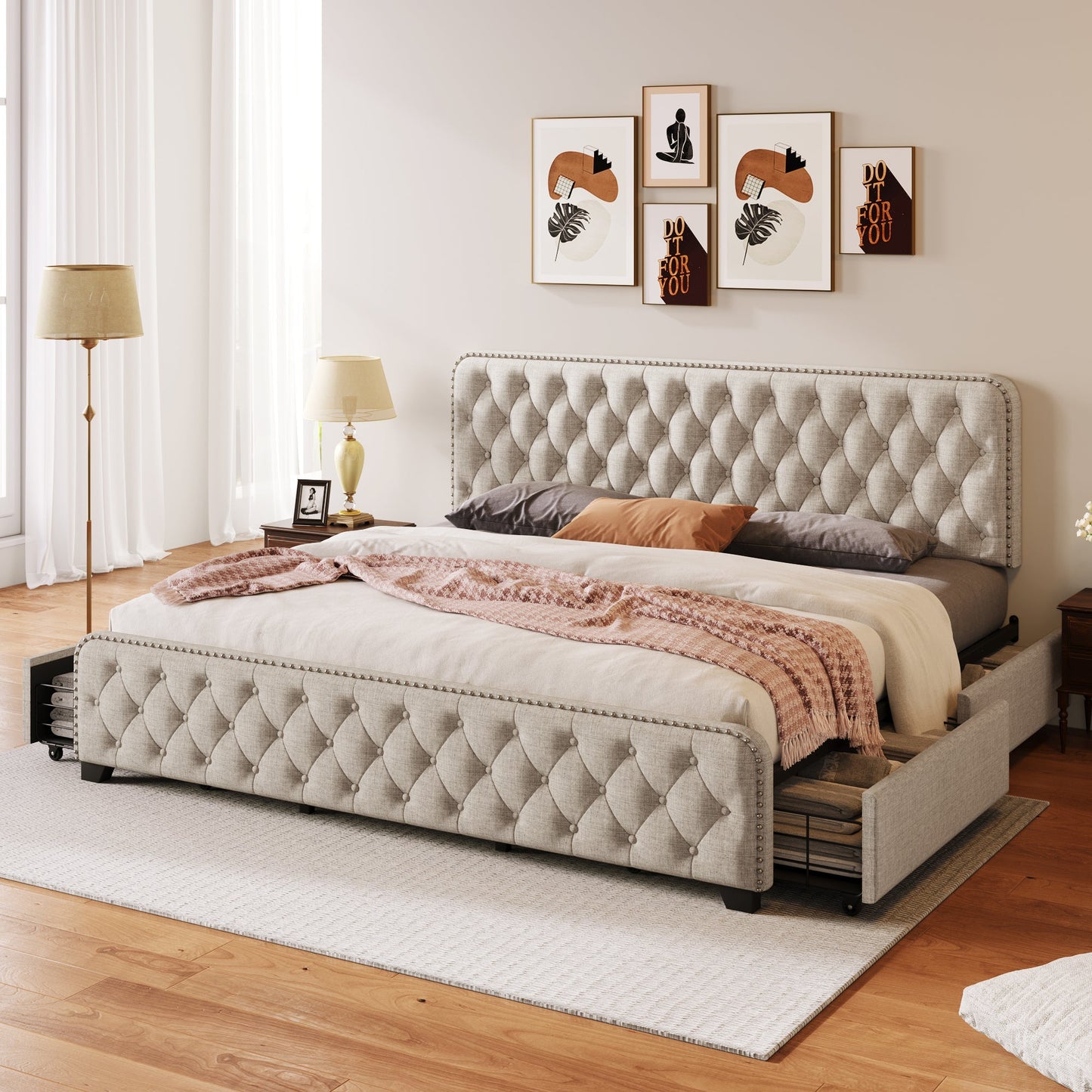 Day Upholstered Platform Bed with Tufted and Four Drawers