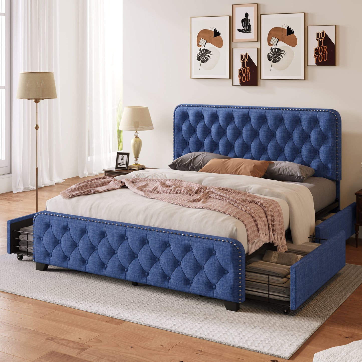 Day Upholstered Platform Bed with Tufted and Four Drawers