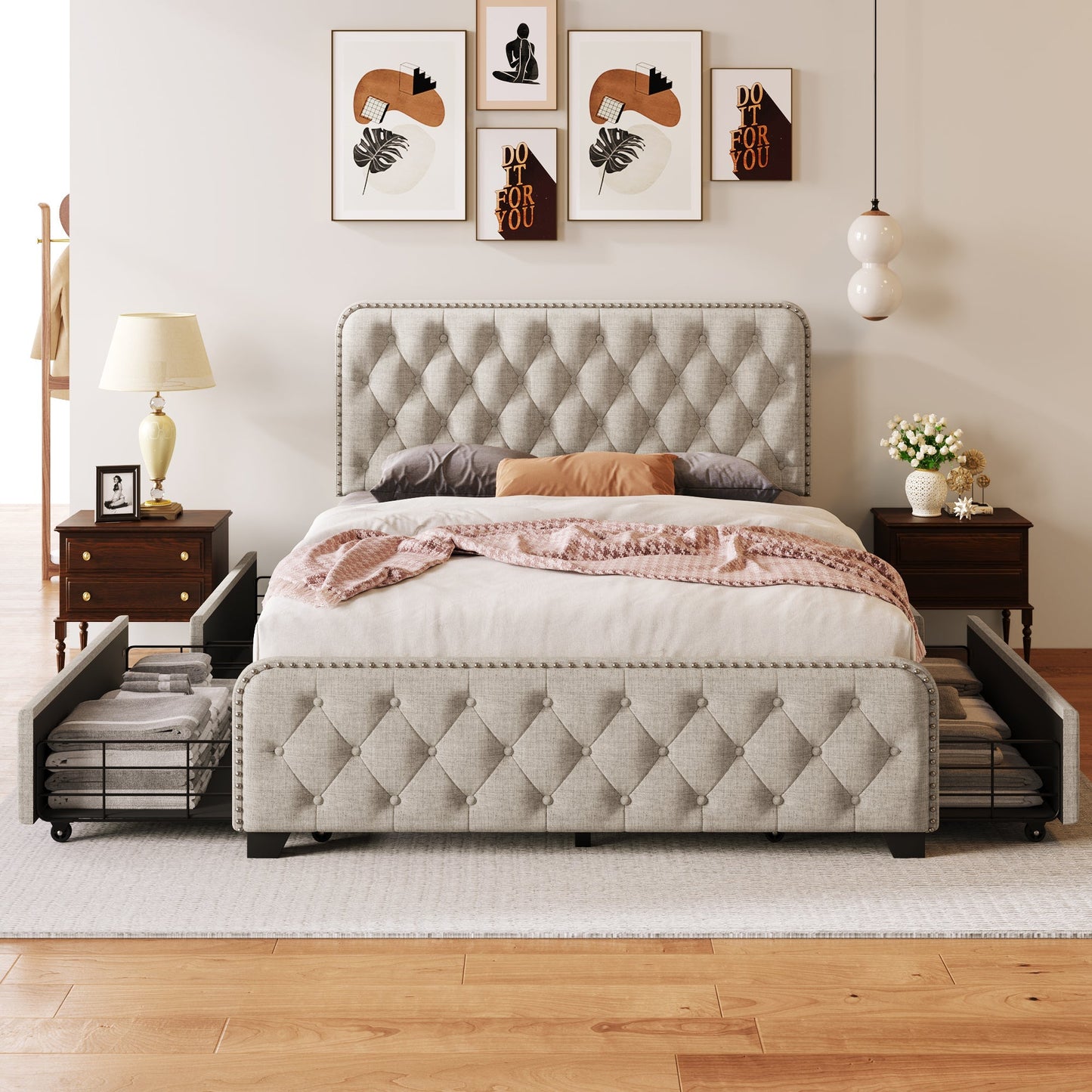 Day Upholstered Platform Bed with Tufted and Four Drawers